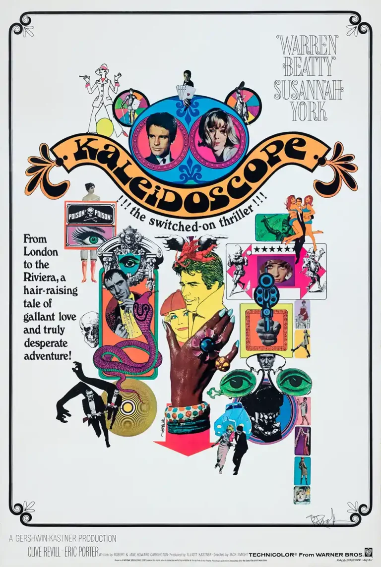 Kaleidoscope 1966 movie poster featuring Warren Beatty and Susannah York in a vibrant, psychedelic Pop Art collage style by artist Bob Peak.