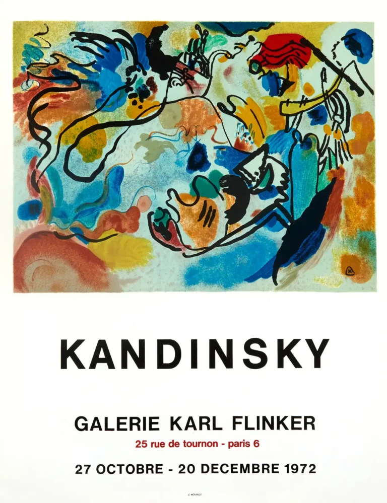 Wassily Kandinsky Art poster for the Galerie Karl Flinker 1972 exhibition, featuring vibrant abstract lines and colors.