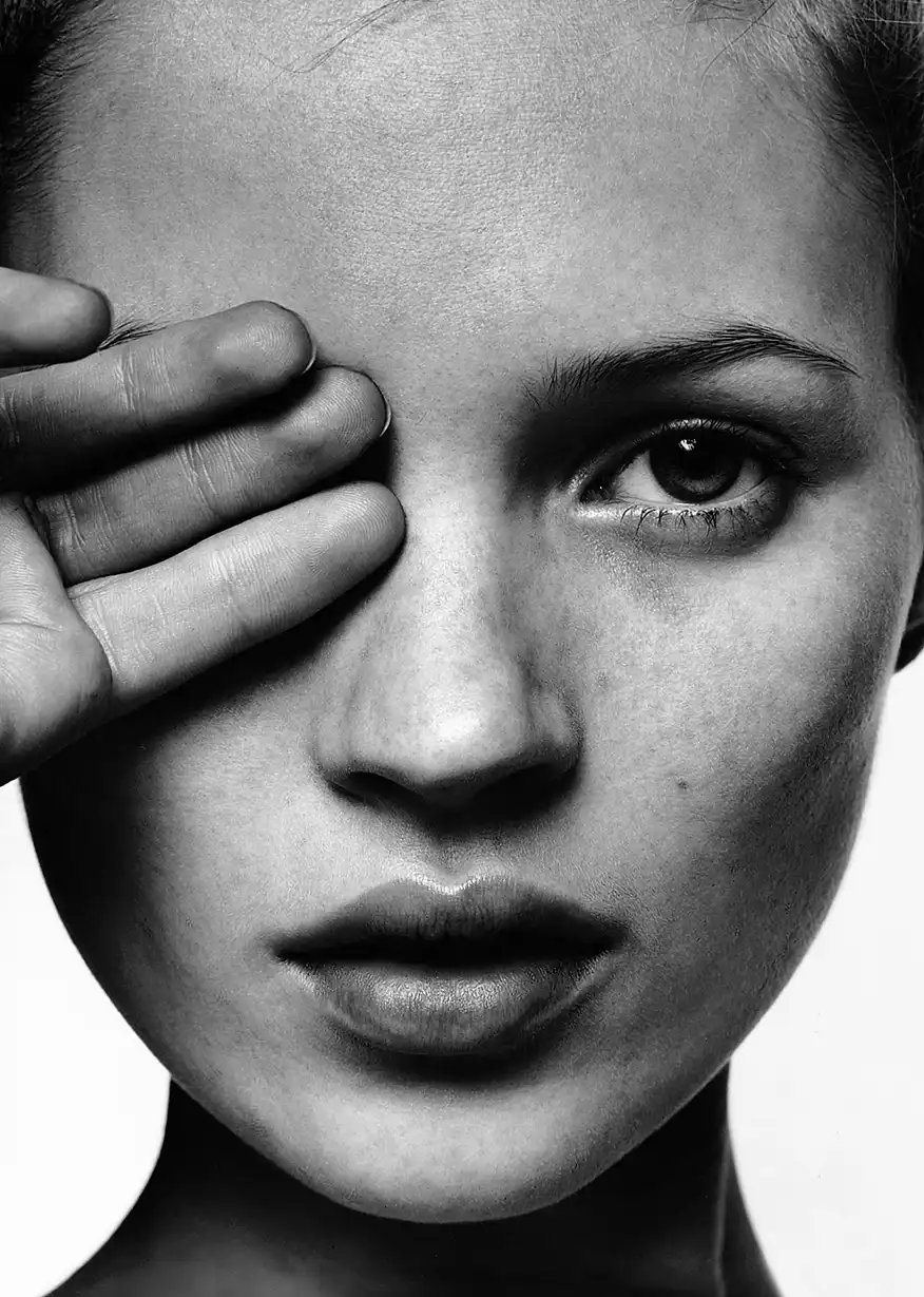 Kate Moss poster — black and white blind eye close-up fashion photography print, museum-quality wall art