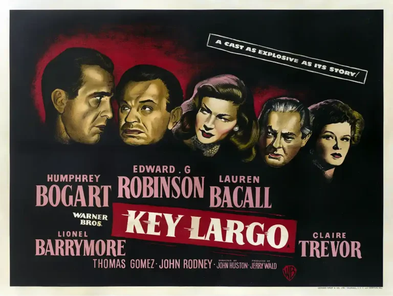 Key Largo classic movie poster featuring a dramatic montage portrait of Humphrey Bogart, Lauren Bacall, and Edward G. Robinson against a red and black background.