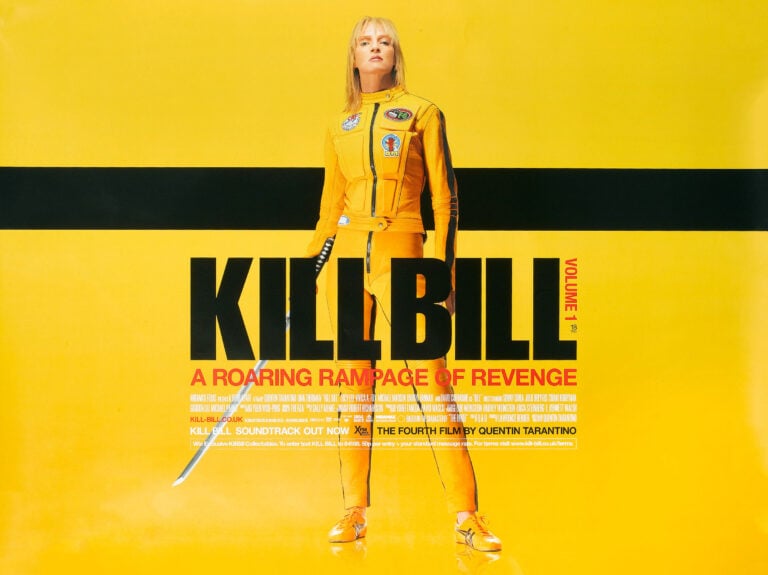 Kill Bill Volume 1 Movie poster featuring Uma Thurman (The Bride) standing in the famous yellow jumpsuit holding a katana sword against a yellow background.