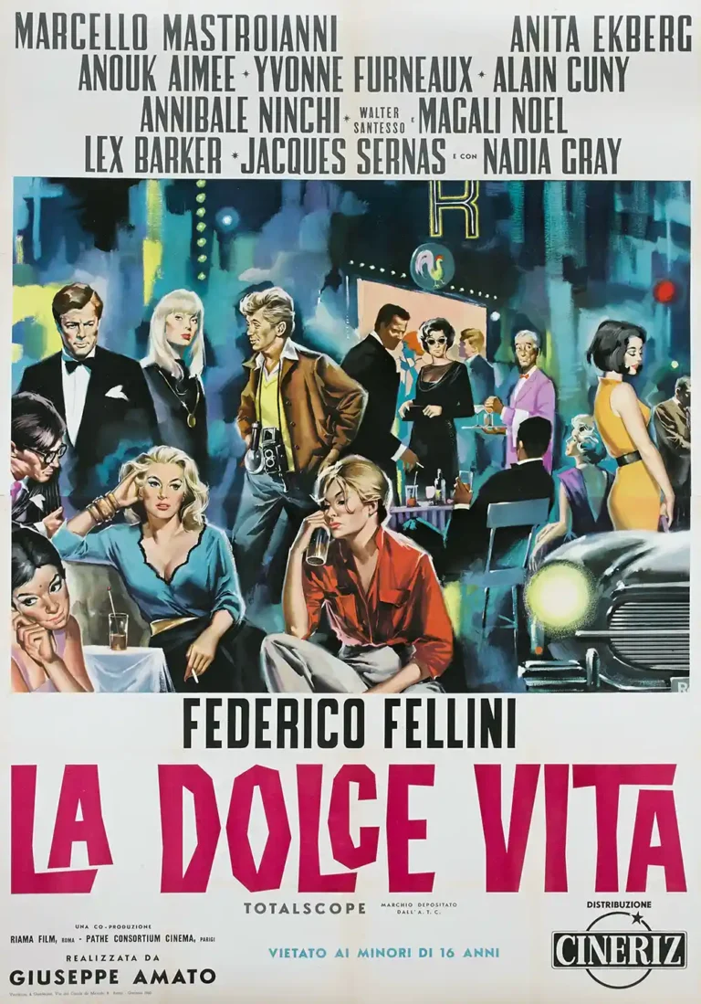 La Dolce Vita Movie poster featuring a vibrant, painterly illustration of the 1960s Roman nightlife, showing an ensemble cast in high fashion.