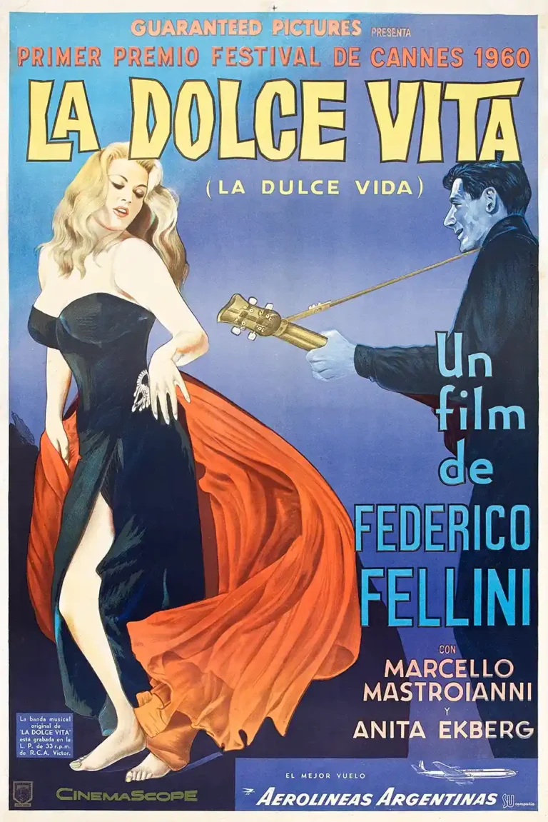 La Dolce Vita Classic Movie poster featuring a stylish woman in a black and orange gown and a man with a guitar neck, set against a vibrant blue background.