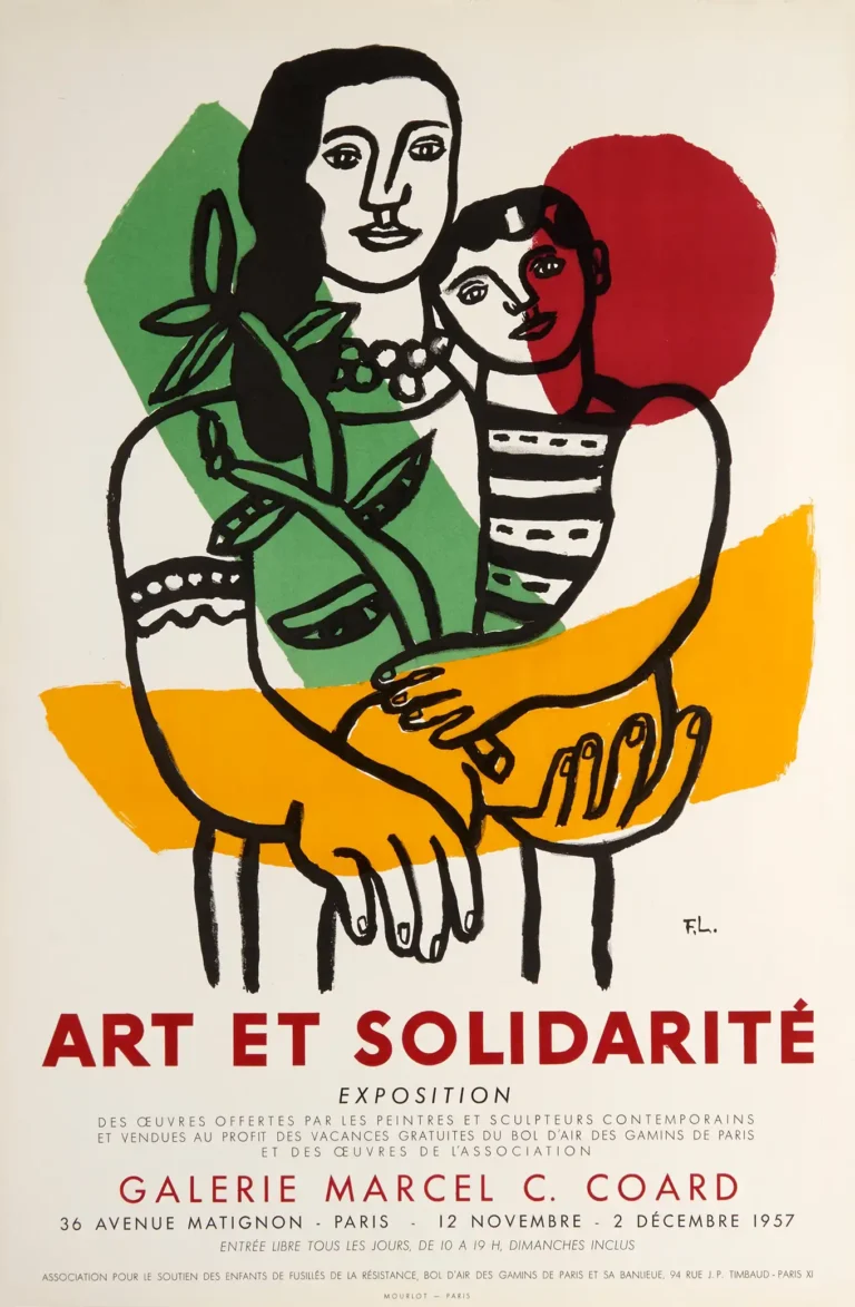 Fernand Léger Art poster featuring a stylized mother and child embracing, designed for the 1957 Art et Solidarité exposition. Bold block colors (red, green, yellow).