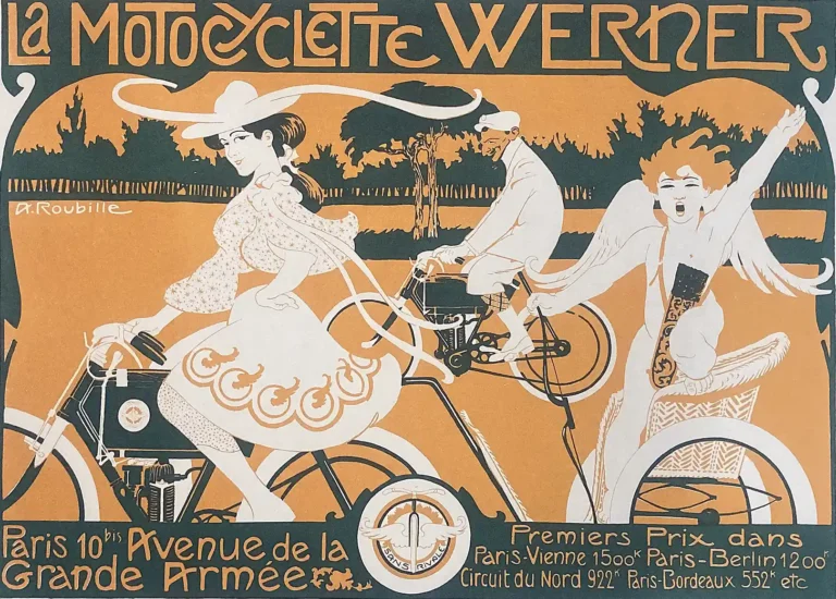 La Motocyclette Werner Art Nouveau poster featuring a stylish woman riding a Werner motorcycle, a man, and a winged cherub in green and orange tones.