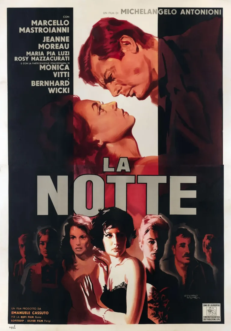 La Notte (1961) Movie poster featuring a dramatic painted illustration of the main couple and ensemble cast, in black, white, and deep red tones.