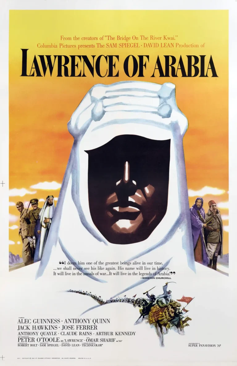 Lawrence of Arabia Movie poster (1962) featuring a dramatic, shadowed close-up of T.E. Lawrence in white desert robes against a golden sunset.