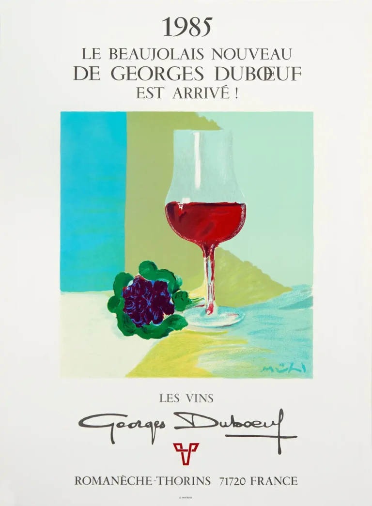 Georges Duboeuf Beaujolais Nouveau vintage advertisement poster from 1985, featuring a stylized glass of red wine and grapes in vibrant colors by artist Roger Muhl.