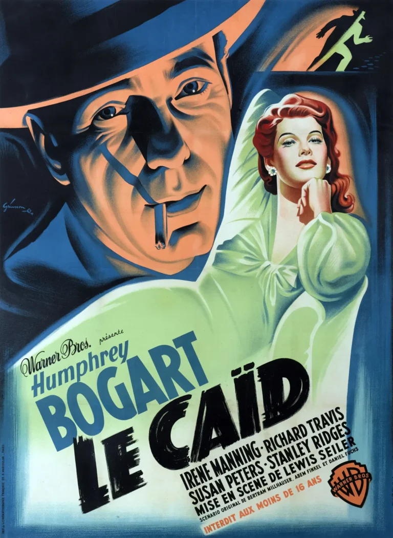 Le Caid (The Big Shot) classic 1942 movie poster featuring Humphrey Bogart in a fedora with bold, high-contrast film noir style lighting.