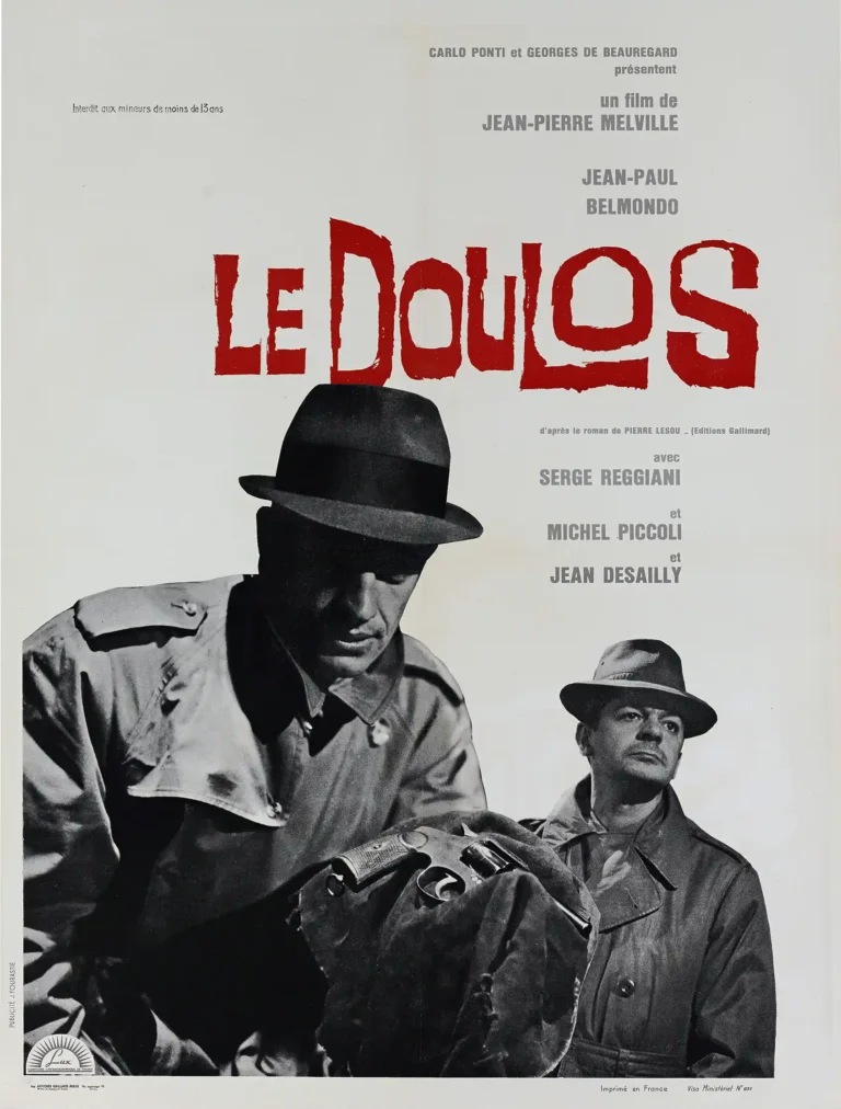 Le Doulos 1962 French Noir Movie Poster featuring two men in trench coats and fedoras, one holding a revolver or handgun.