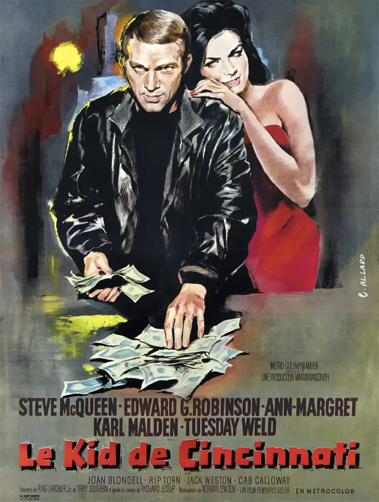 The Cincinnati Kid Movie poster featuring Steve McQueen dealing cash alongside a glamorous woman in a red dress. Vintage illustration art print.