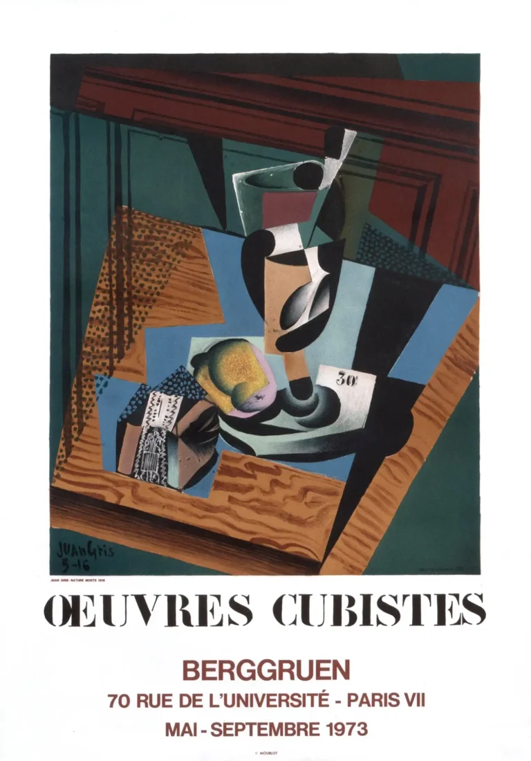 Juan Gris Cubist Still Life Art poster featuring fragmented geometric shapes, a glass, and a lemon, advertising the 1973 Berggruen exhibition in Paris.