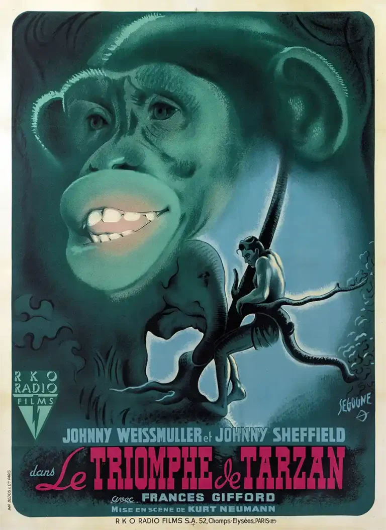 Le Triomphe de Tarzan 1947 French re-release movie poster featuring a massive, smiling chimpanzee, Cheeta, and Tarzan perched on a vine. Artwork is dark teal and blue.