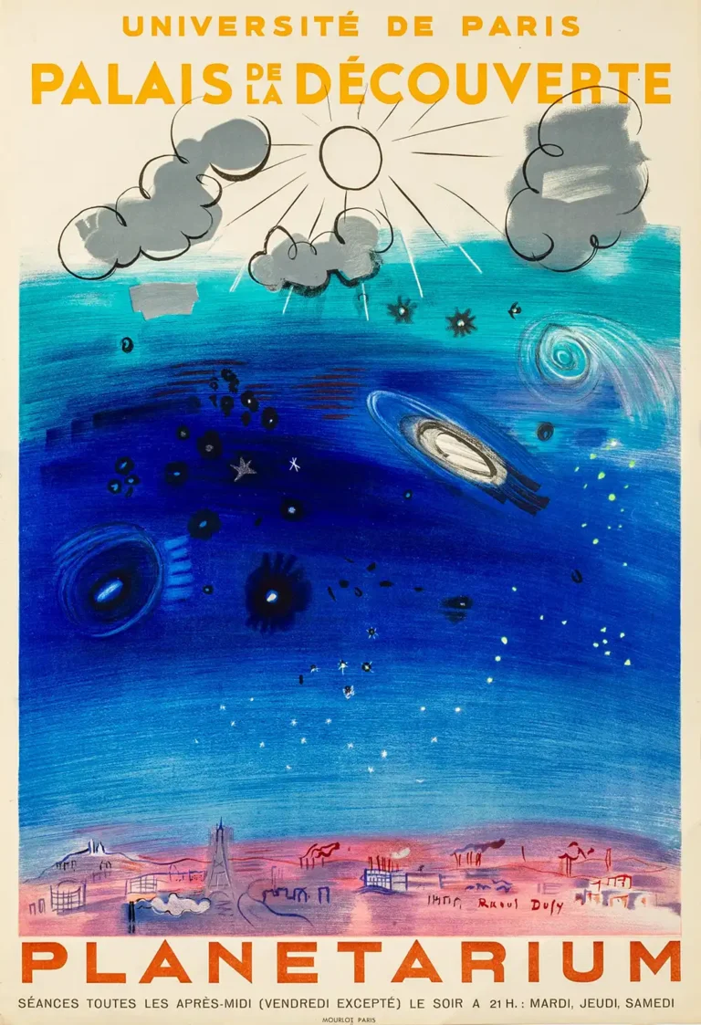 Raoul Dufy style Les Astres Planetarium Art poster featuring the cosmos, abstract galaxies, and the Parisian skyline in vibrant mid-century colors.