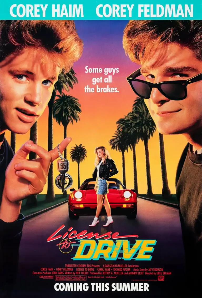License to Drive Movie poster featuring close-ups of Corey Haim and Corey Feldman against a vibrant 80s sunset backdrop with a red sports car.