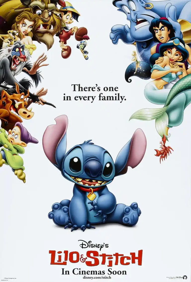 Lilo & Stitch Movie poster featuring a large smiling Stitch surrounded by surprised classic Disney characters like Genie, Belle, and Rafiki.