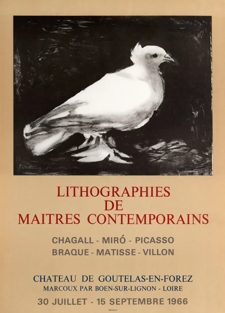 Pablo Picasso Art Exhibition poster featuring the iconic white dove sketch on a black background with vintage French text from 1966.