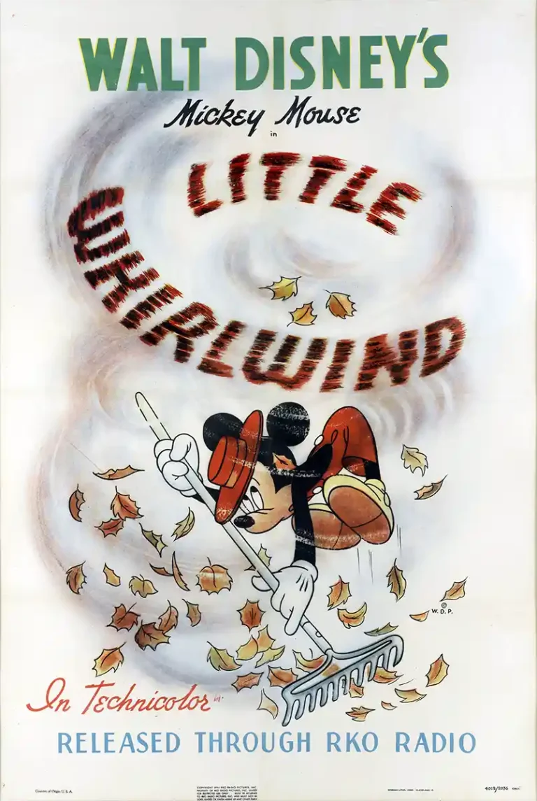 Little Whirlwind (1941) vintage Disney movie poster featuring Mickey Mouse fighting a large, leaf-filled whirlwind while raking.