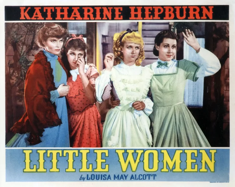 Little Women 1933 Movie poster featuring Katharine Hepburn as Jo March alongside her three sisters in Victorian era period costumes and bold vintage typography.