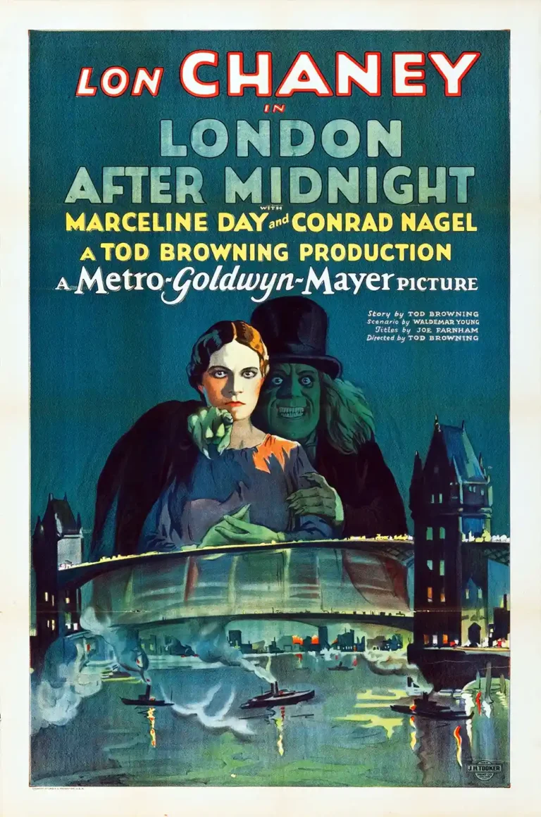 London After Midnight 1927 classic horror movie poster featuring Lon Chaney as the menacing vampire figure looming behind Marceline Day.