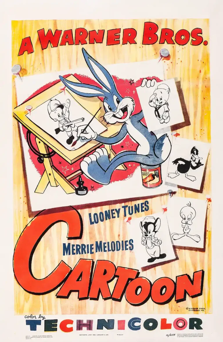 Looney Tunes Merrie Melodies vintage stock poster featuring Bugs Bunny sitting on a carrot can drawing Daffy Duck, Tweety, and other classic cartoon characters.