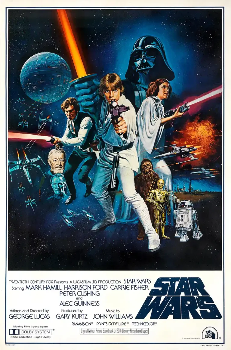 Star Wars: A New Hope 1977 original movie poster featuring Luke, Leia, Han, Vader, and the Death Star in classic painted sci-fi illustration style.