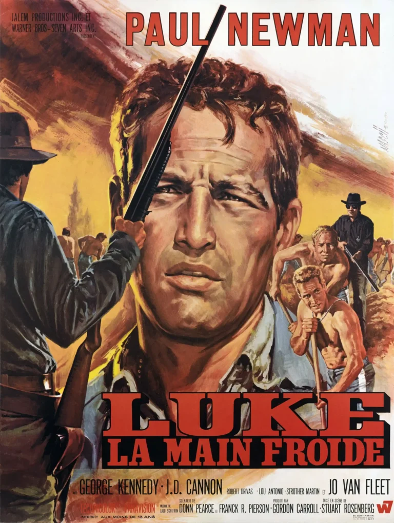Cool Hand Luke Movie poster featuring a large painted portrait of Paul Newman menaced by a shotgun and a chain gang background.