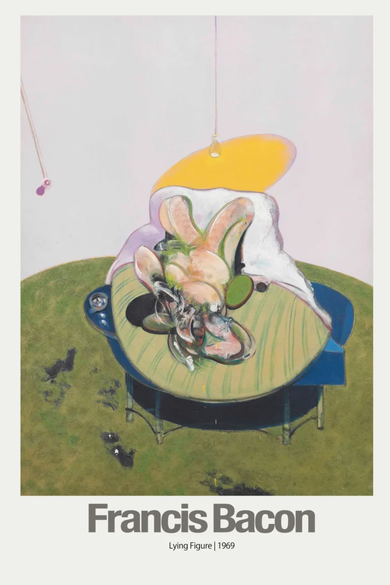 Francis Bacon Art poster featuring the painting "Lying Figure 1969," showing a distorted pink and green figure on a round table.