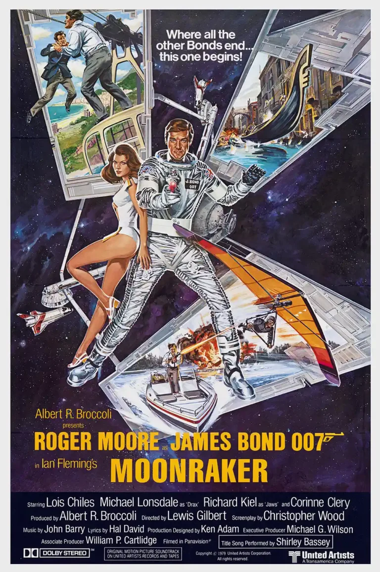 Moonraker (1979) James Bond movie poster featuring Roger Moore in a silver space suit with Dr. Goodhead, depicting various action vignettes against a cosmic background.
