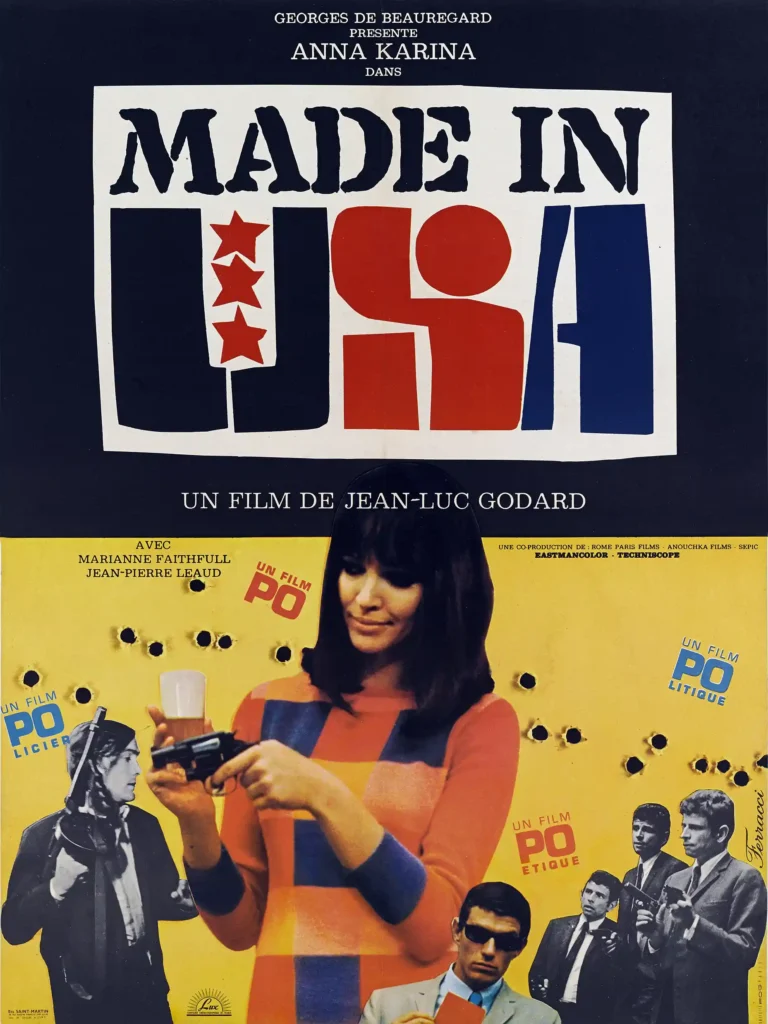 Made in USA (1966) Movie poster featuring Anna Karina holding a gun against a yellow, bullet-holed background and bold, graphic pop art title typography.