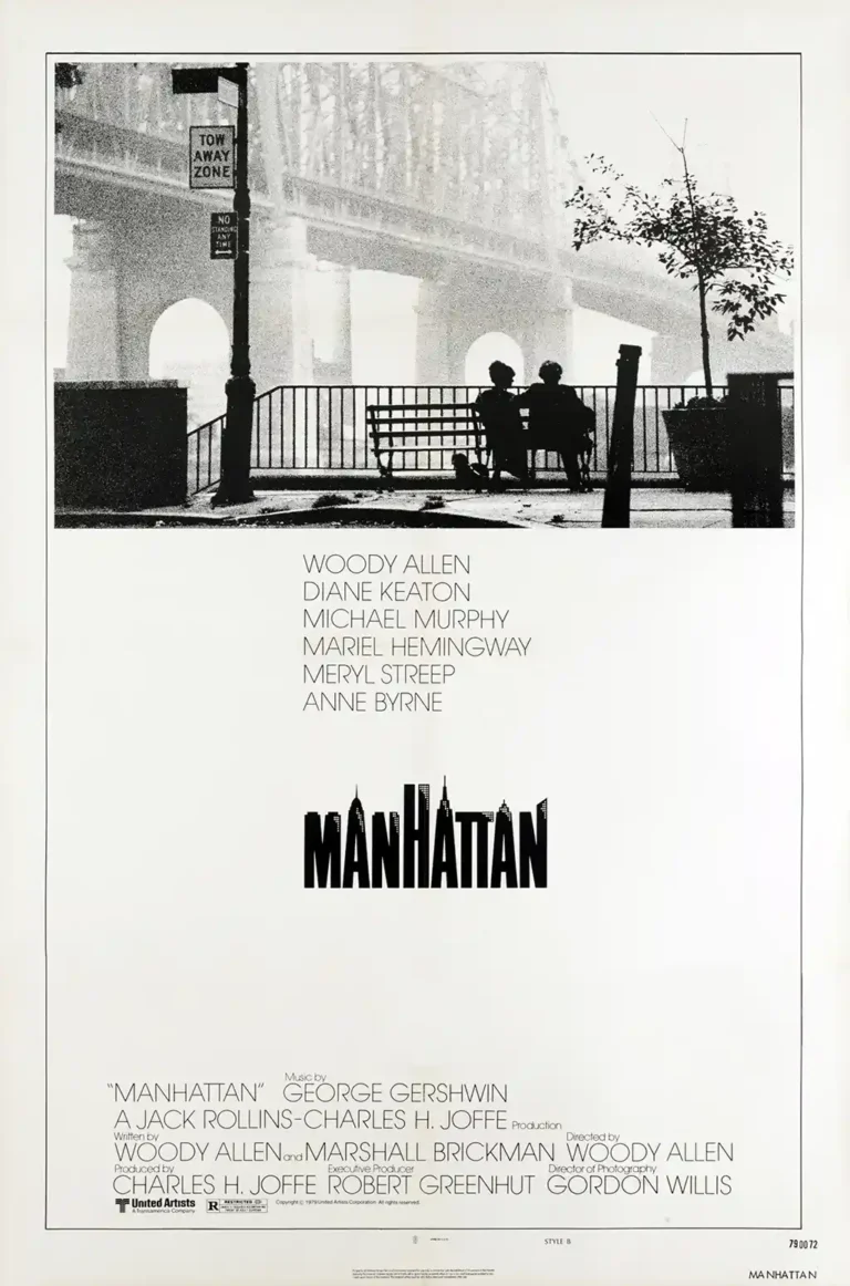 Manhattan (1979) movie poster featuring a silhouette of a couple sitting on a bench under the Queensboro Bridge in stark black and white.