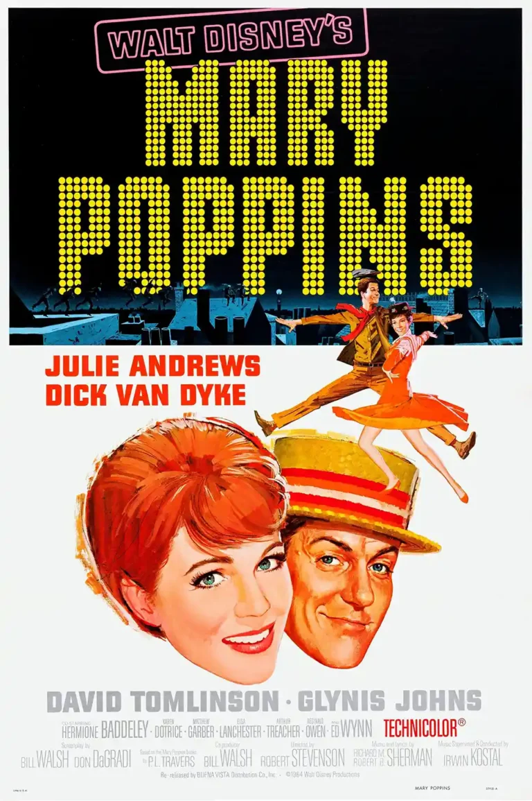 Mary Poppins Movie poster featuring large illustrated portraits of Julie Andrews and Dick Van Dyke with the iconic marquee style title.