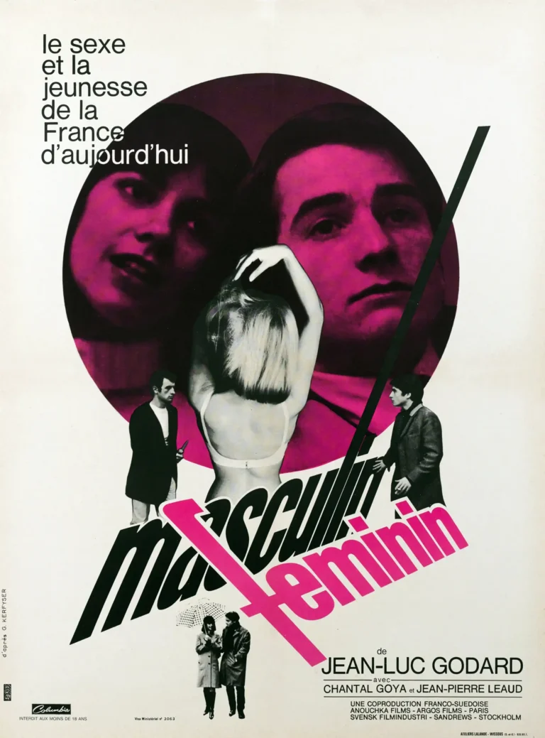 Masculin Féminin French New Wave movie poster featuring faces in striking magenta and black, with contrasting modernist, dynamic typography.