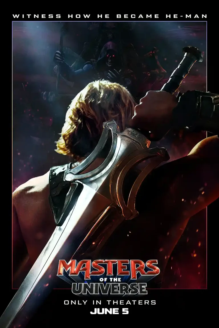 Masters of the Universe movie poster featuring He-Man (Prince Adam) holding the iconic Power Sword against a dark, dramatic background with a looming Skeletor figure.