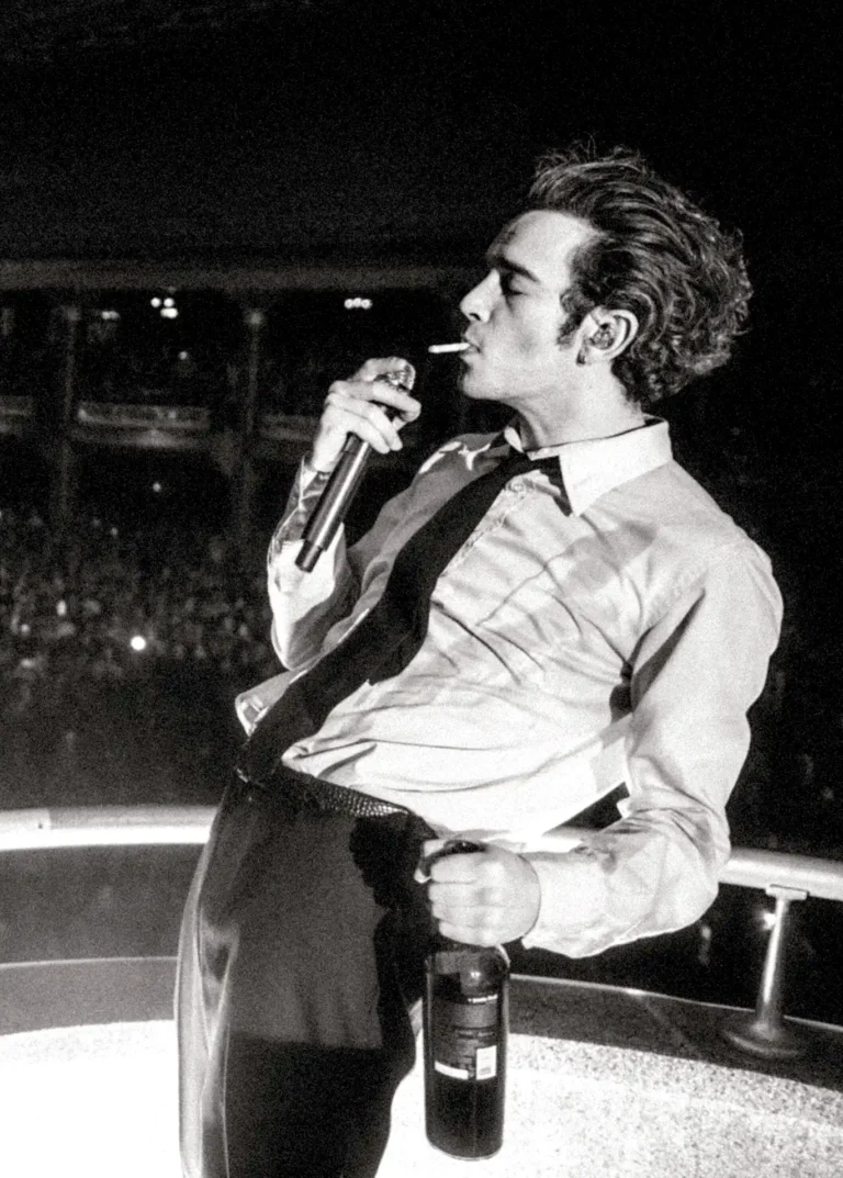 Matty Healy The 1975 Music poster featuring the frontman smoking, holding a mic and bottle in black and white.