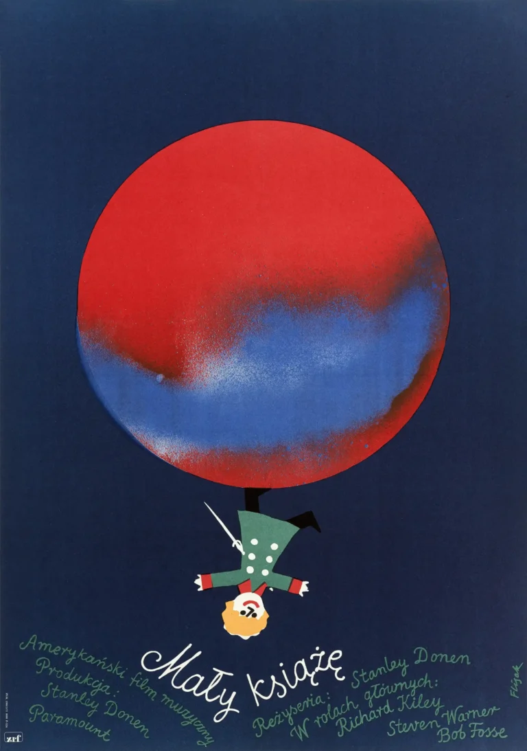 The Little Prince Polish movie poster (Mały Książę) featuring a small figure hanging from a large red and blue planet against a navy background.
