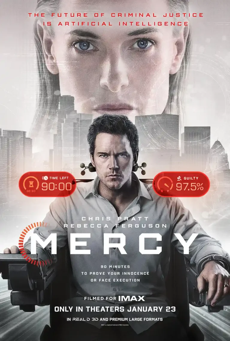 Mercy Movie poster featuring Chris Pratt strapped in a chair below the large, ethereal face of Rebecca Ferguson, set against a futuristic cityscape.