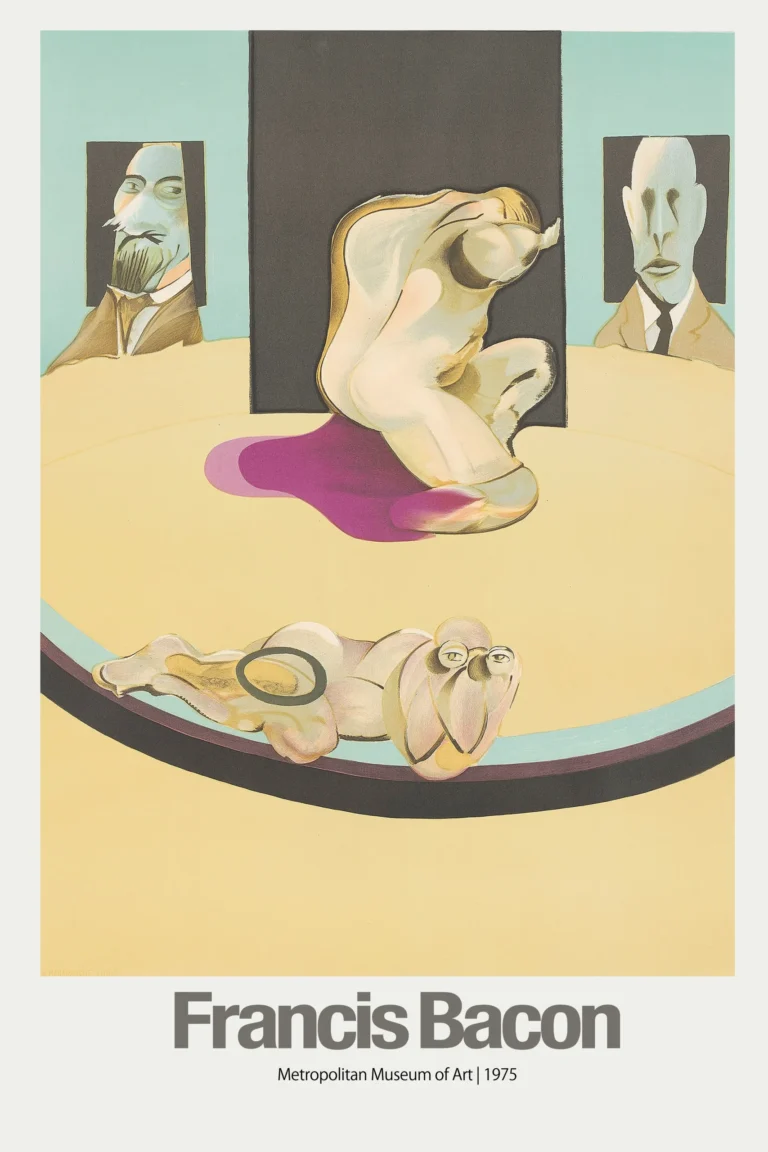Francis Bacon Art poster featuring distorted figures and two male portraits against a black and teal background, advertising the 1975 Met Museum exhibit.