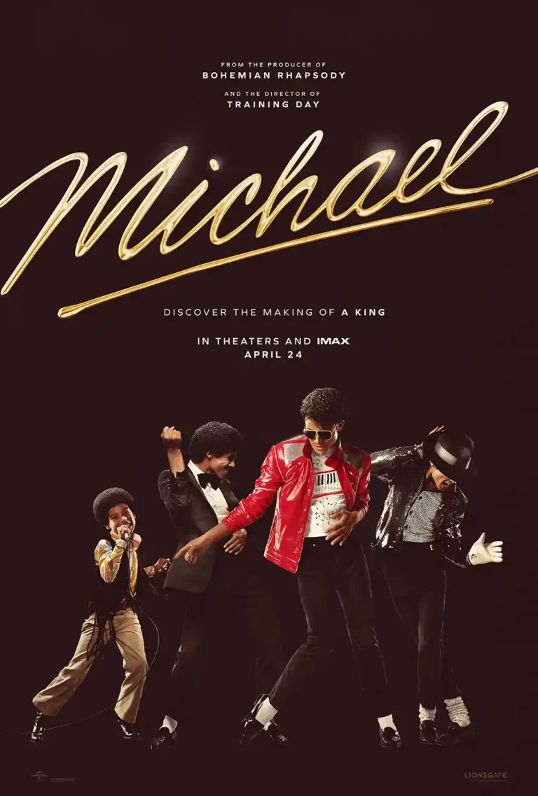 Michael (2026) Movie poster featuring four stages of Michael Jackson's career, from The Jackson 5 to the red jacket era, on a dark background.