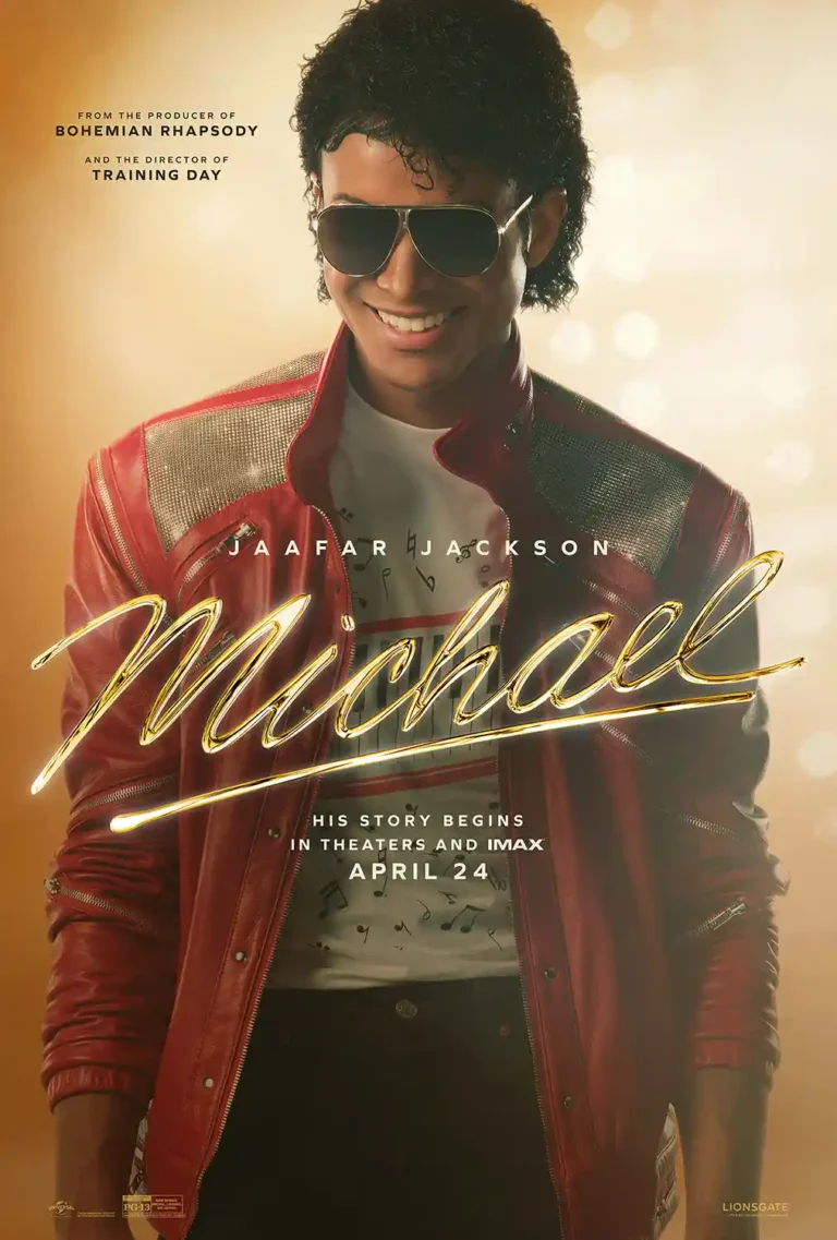Michael movie poster featuring Jaafar Jackson portraying Michael Jackson in a shimmering red jacket and aviator sunglasses against a golden backdrop.