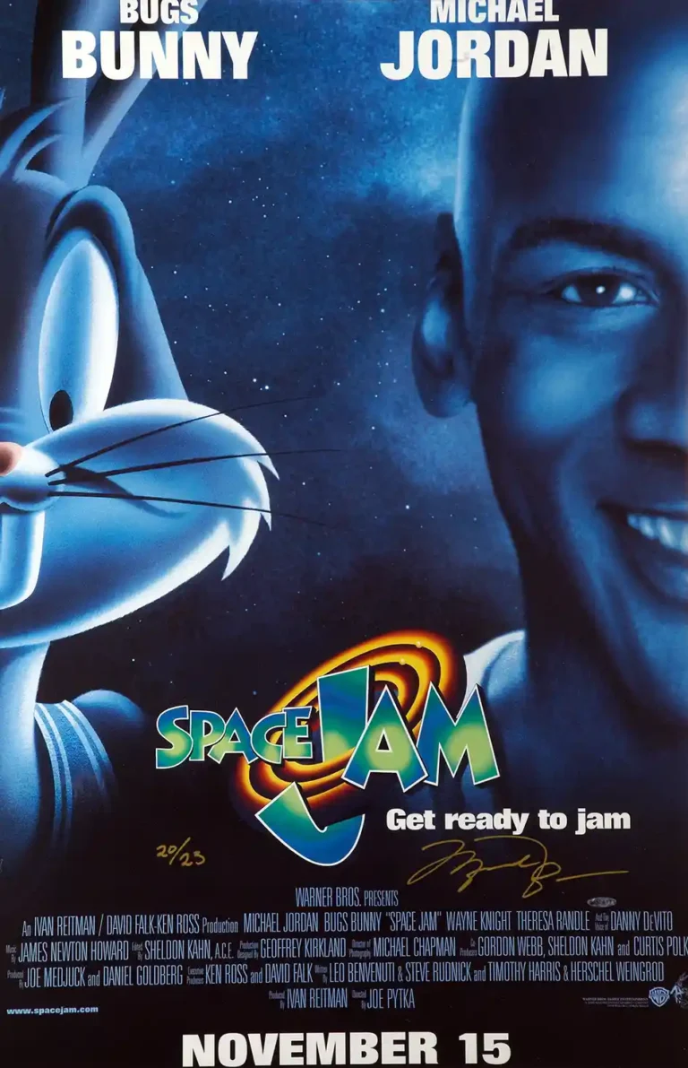 Space Jam Movie poster featuring Michael Jordan and Bugs Bunny against a dark blue cosmic background, advertising the 1996 basketball film.