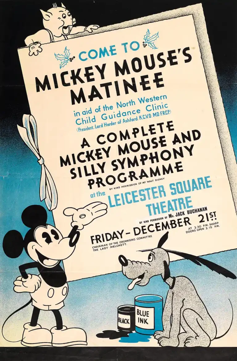 Vintage Walt Disney cartoon poster advertising the Mickey Mouse Matinee, featuring classic Mickey Mouse, Pluto, and a pig character.