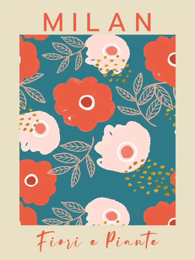 Milan City Travel poster featuring a repeating pattern of bold, abstract coral and pink floral elements on a teal background in a modern style.