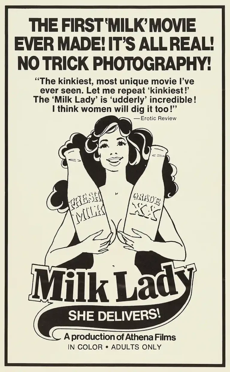 Milk Lady She Delivers! 1970s adult exploitation movie poster featuring a smiling cartoon woman holding two giant milk bottles.