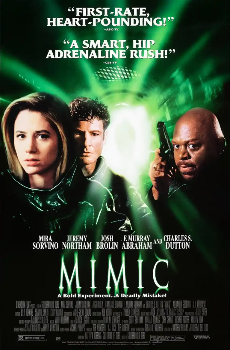 Mimic 1997 science fiction horror movie poster featuring Mira Sorvino, Jeremy Northam, and Charles Dutton in eerie green light.
