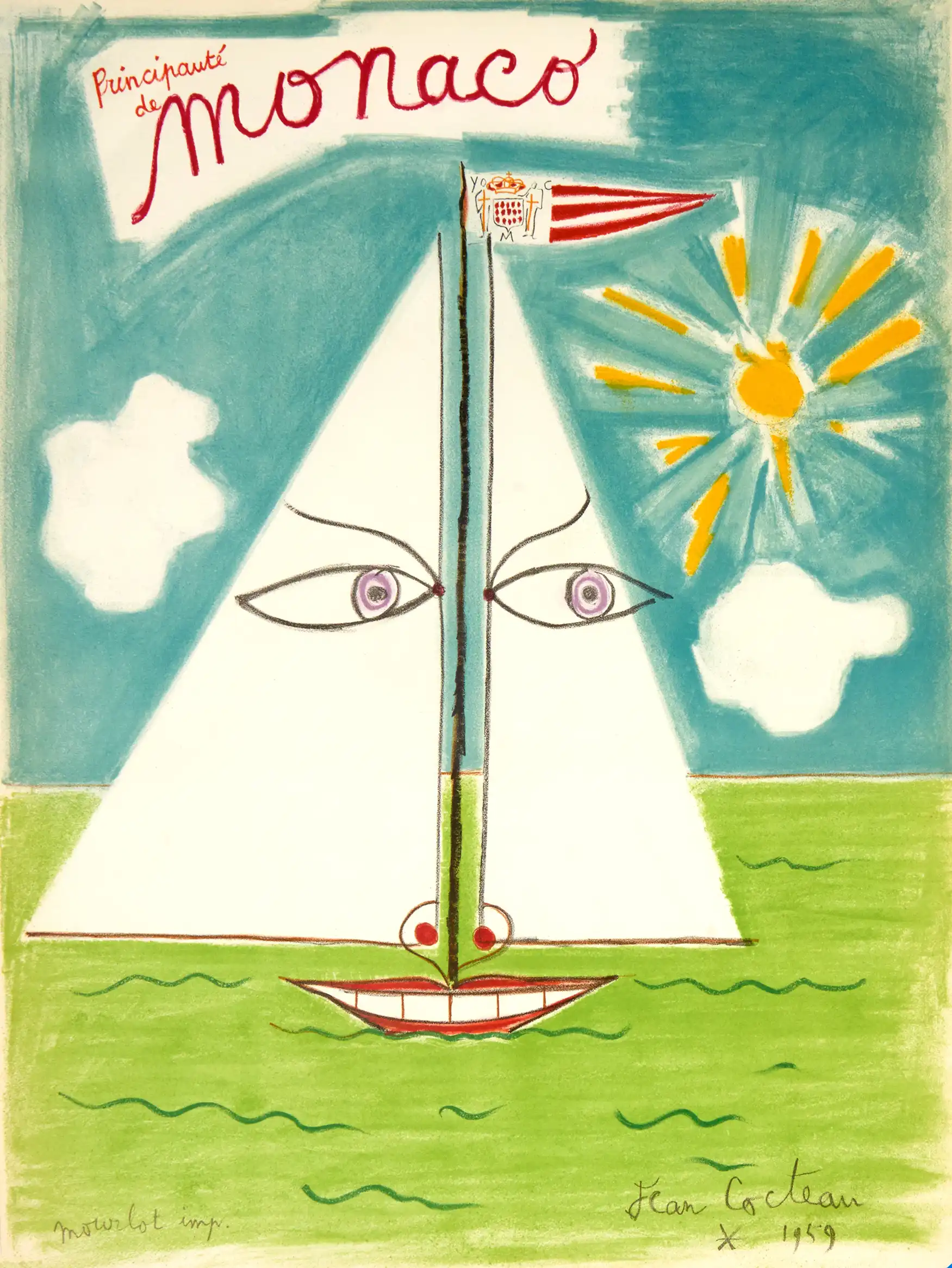 Jean Cocteau Monaco 1959 | Vintage Art Poster | Abstract Sailboat Face Print