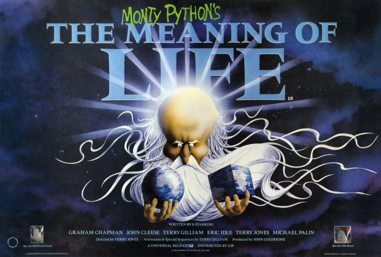 Monty Python's The Meaning of Life Movie poster featuring a cosmic, god-like figure holding the Earth and a black cube.