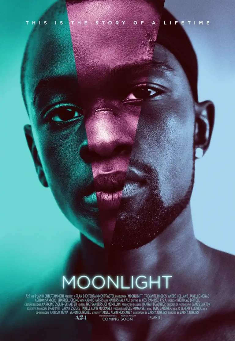 Moonlight Oscar-winning Movie poster featuring the iconic, stylized split-face portrait illuminated in high-contrast teal and magenta lighting.