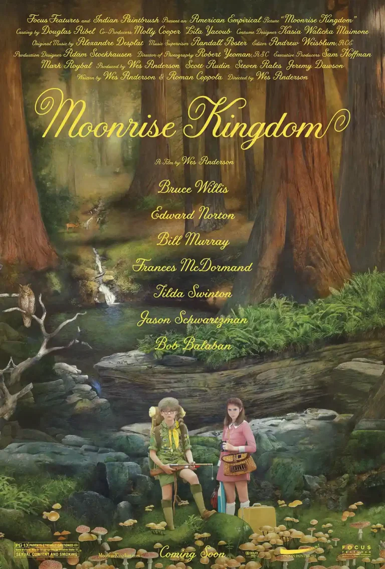 Moonrise Kingdom Movie poster featuring Sam and Suzy in a lush, detailed forest scene rendered in an oil painting style, directed by Wes Anderson.