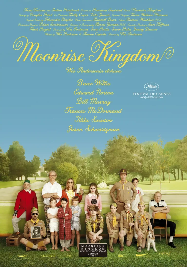 Moonrise Kingdom Movie poster featuring the full ensemble cast, including Bruce Willis and Bill Murray, set against a stylized painted landscape background.